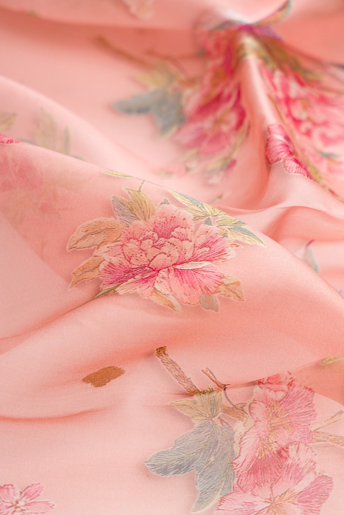 Close up of Golden Peach Organza Saree with Printed design on the body and Fancy Border.  displaying folds