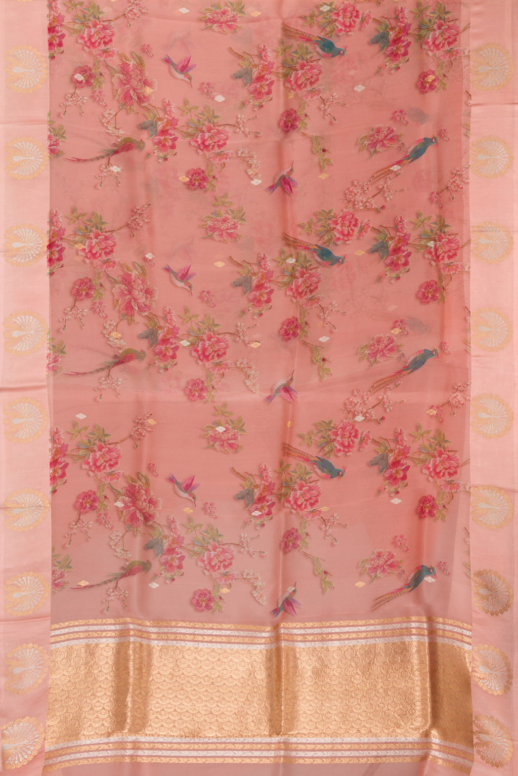 Flat view of Golden Peach Organza Saree with Printed design on the body and Fancy Border. 