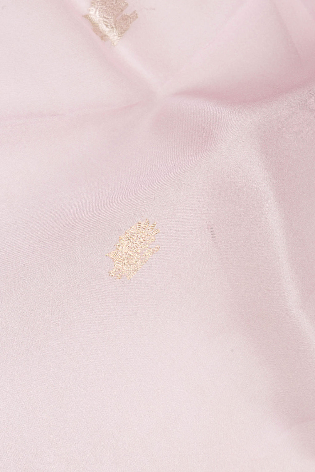 Close up of Rose Gold Organza Saree with Floral Print on the body and Fancy Border.  displaying folds