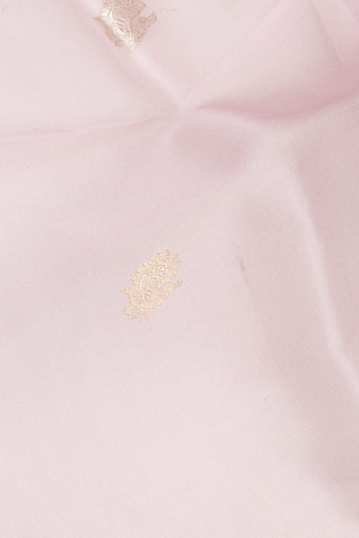 Close up of Rose Gold Organza Saree with Floral Print on the body and Fancy Border.  displaying folds