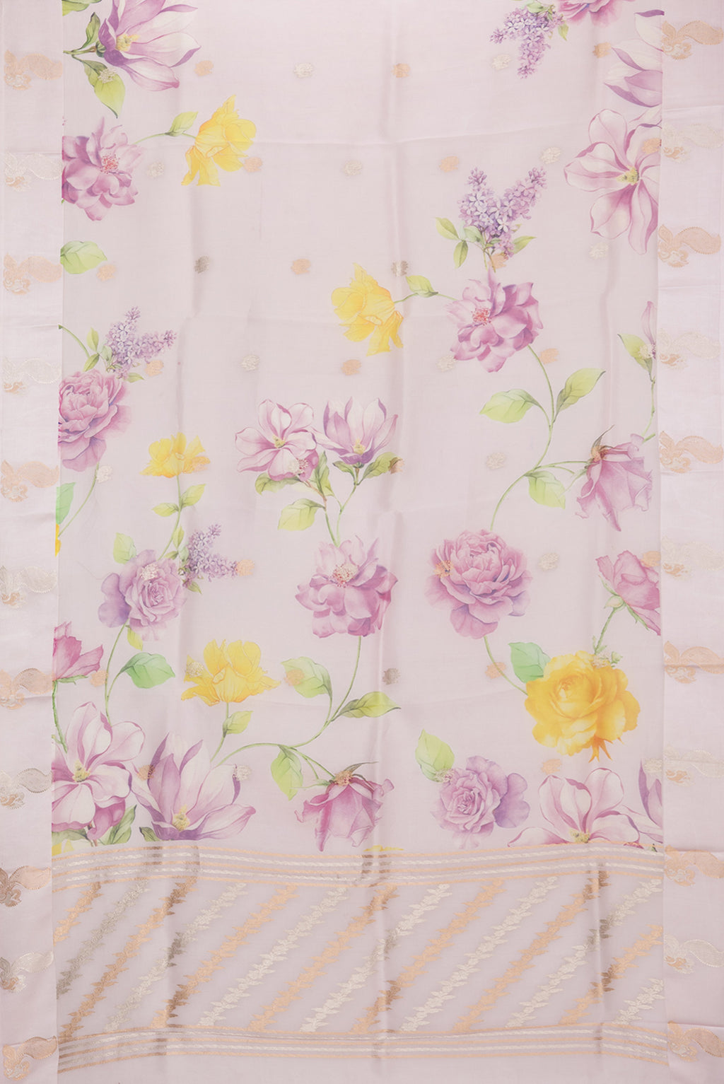 Flat view of Rose Gold Organza Saree with Floral Print on the body and Fancy Border. 