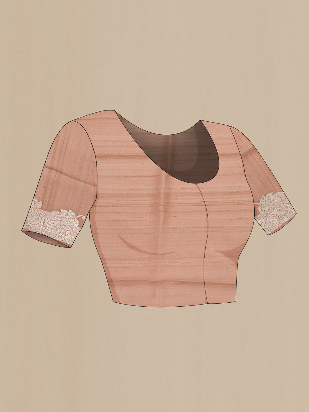 Close up image of the blouse of Rose Gold Tussar Saree with Floral Print on the body and Zari Border. 