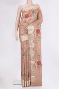 Rose Gold Tussar Saree with Floral Print on the body and Zari Border.  displayed on a mannequin