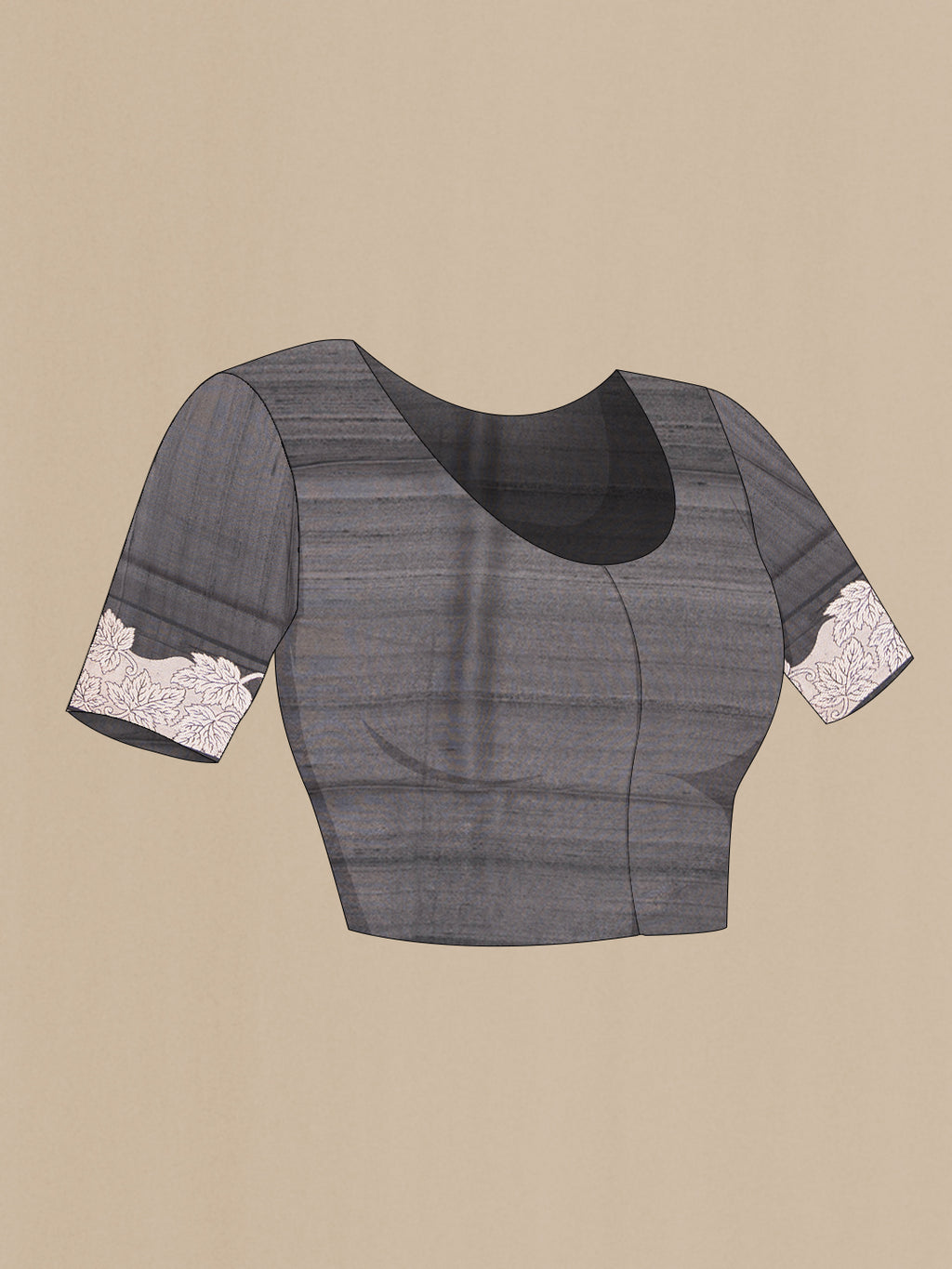 Close up image of the blouse of Pure Silk Black Tussar Saree with Printed design on the body and Fancy Border. 