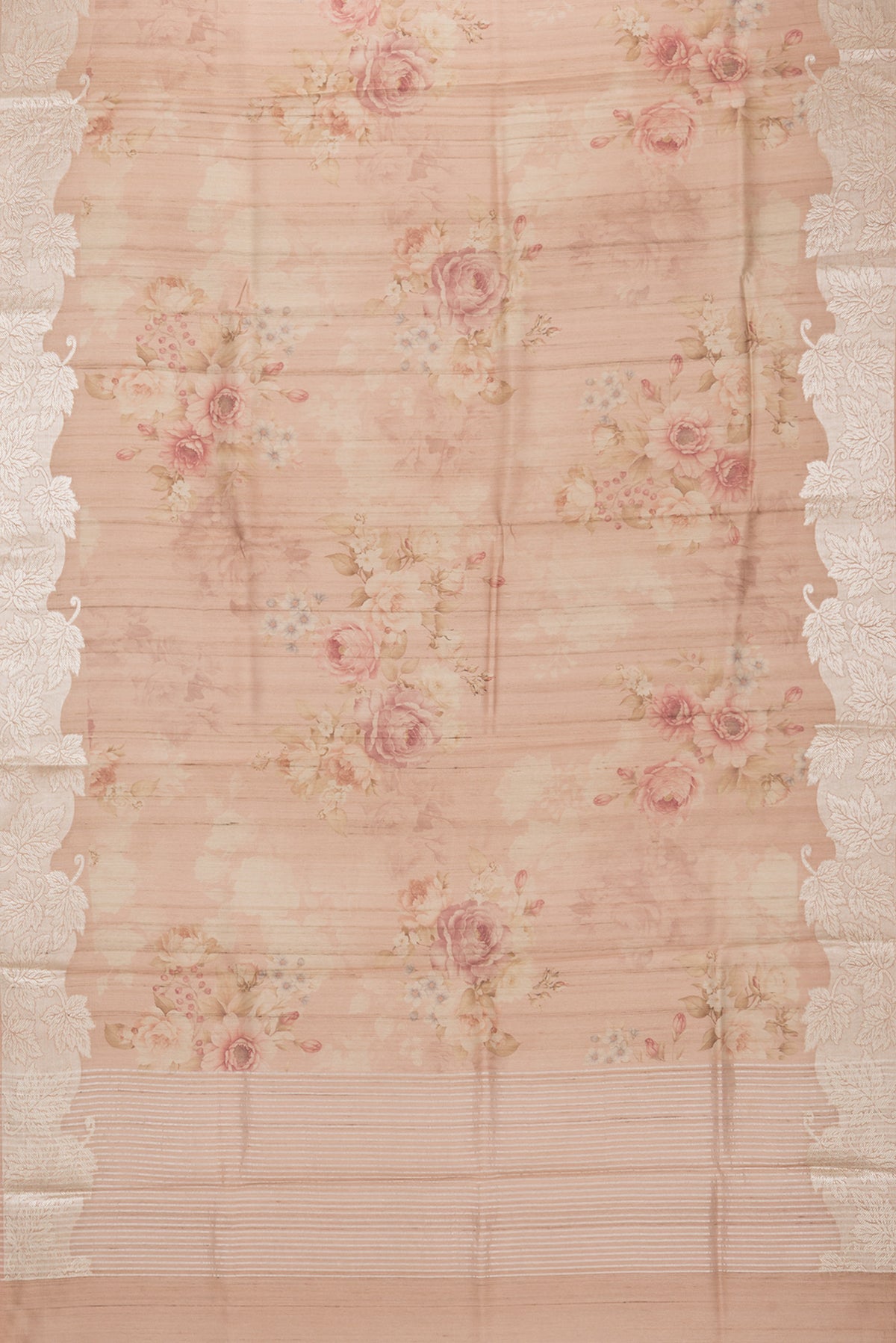 Flat view of Sandal Tussar Saree with Floral Print on the body and Fancy Border. 