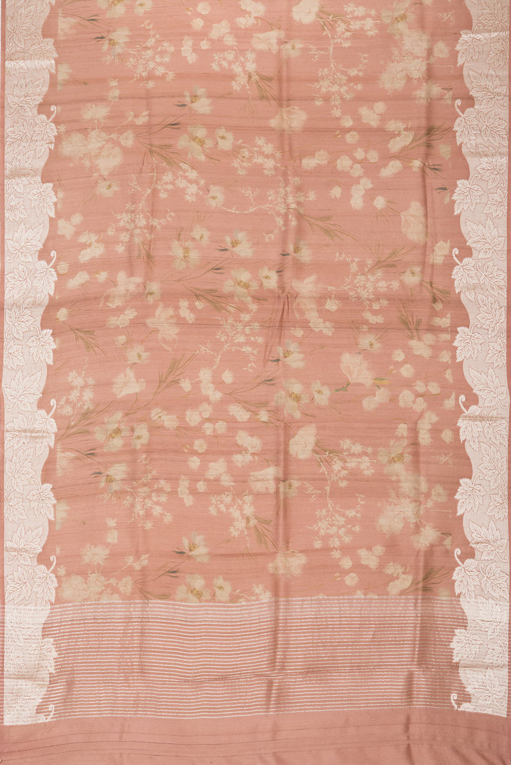 Flat view of Golden Peach Dual Tone Tussar Saree with Printed design on the body and Fancy Border. 