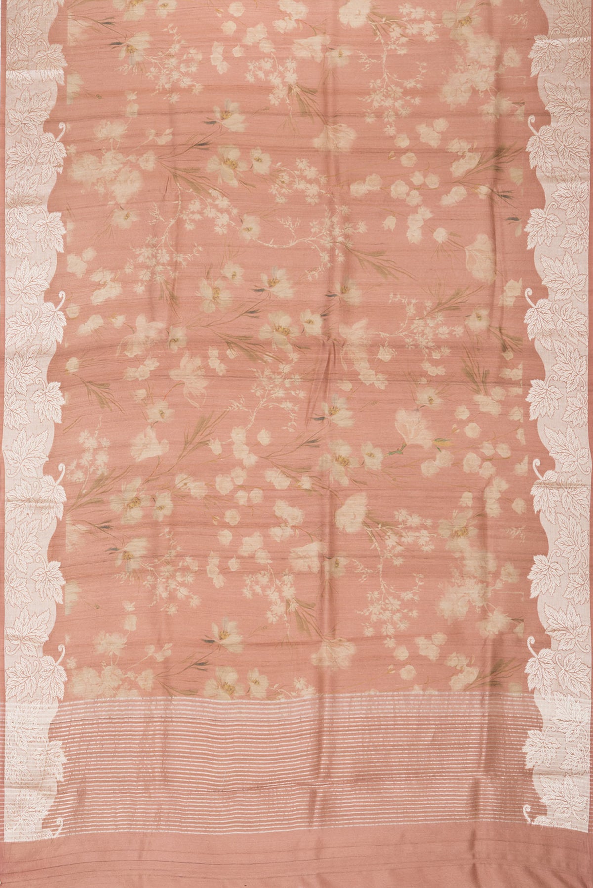 Flat view of Golden Peach Dual Tone Tussar Saree with Printed design on the body and Fancy Border. 