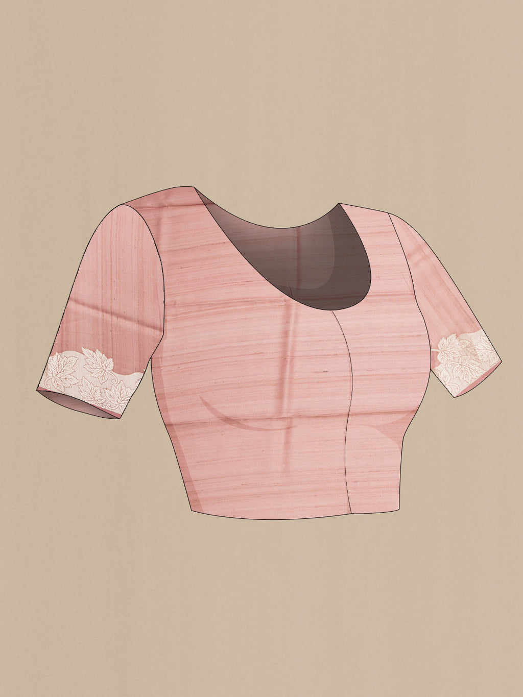 Close up image of the blouse of Peach Tussar Saree with Printed design on the body and Zari Border. 