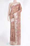 Peach Tussar Saree with Printed design on the body and Zari Border.  displayed on a mannequin