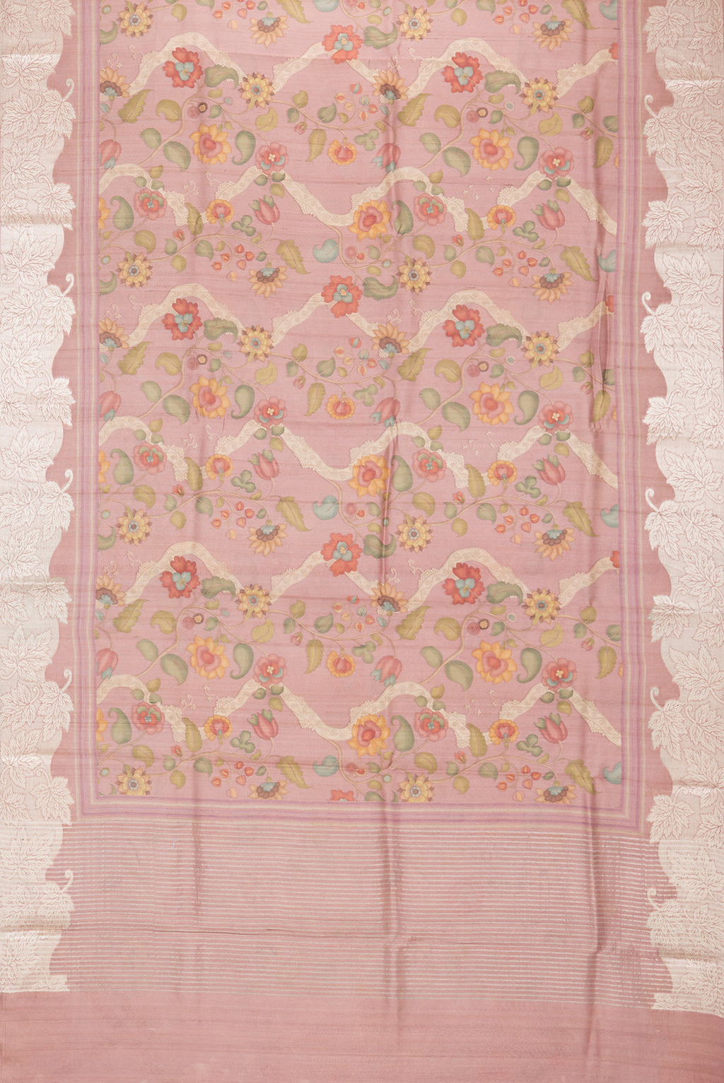 Flat view of Peach Tussar Saree with Printed design on the body and Zari Border. 