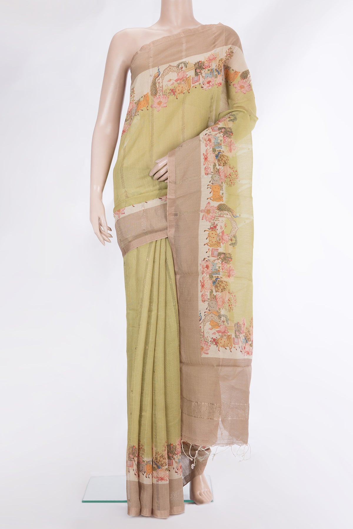 Lemon Yellow Tussar Saree with Stripes on the body and Fancy Border.  displayed on a mannequin