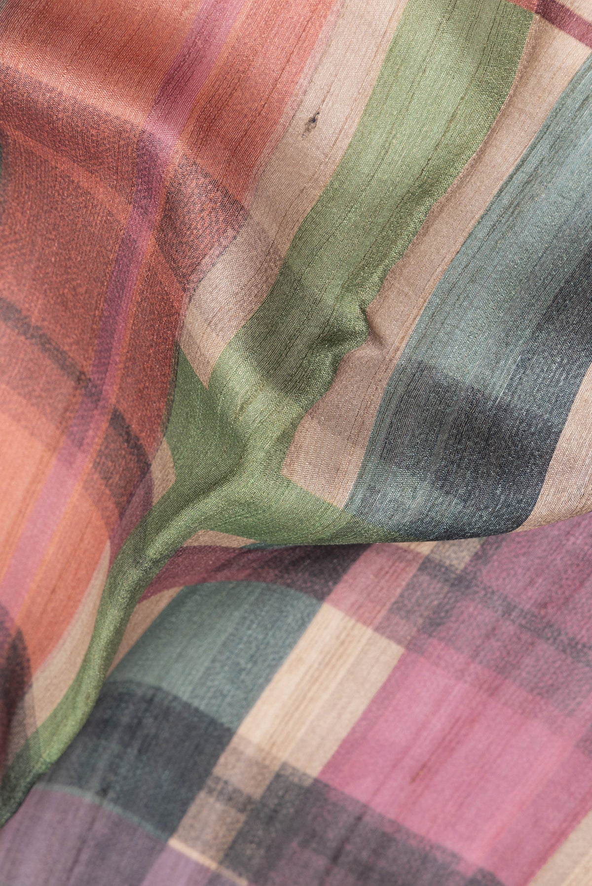 Close up of Multi Color Tussar Saree with Printed design on the body and Thread Border.  displaying folds