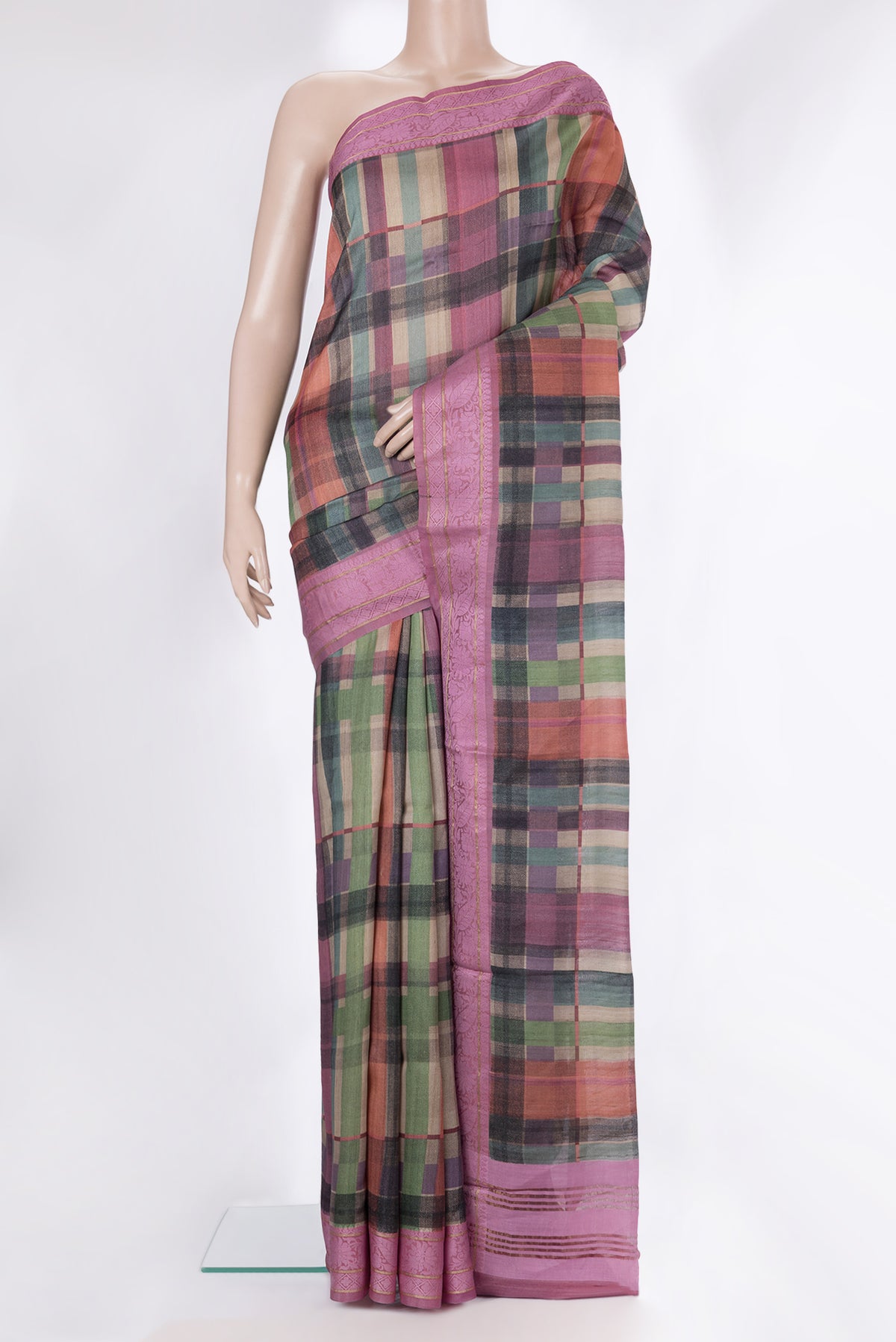 Multi Color Tussar Saree with Printed design on the body and Thread Border.  displayed on a mannequin