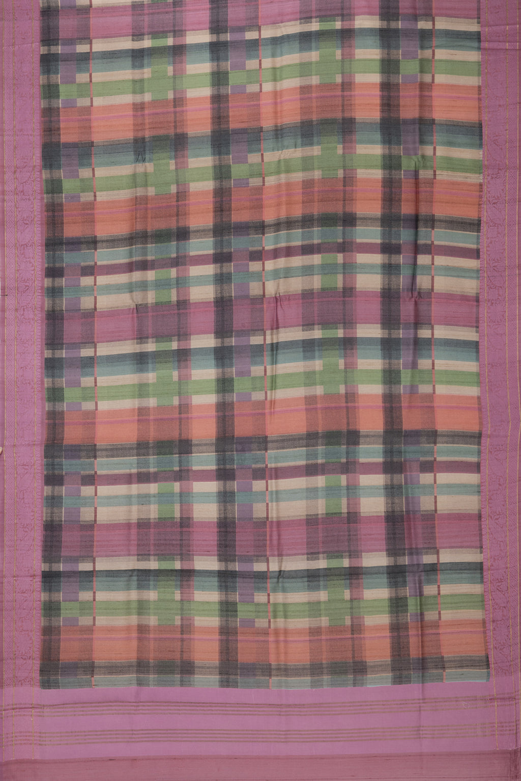 Flat view of Multi Color Tussar Saree with Printed design on the body and Thread Border. 