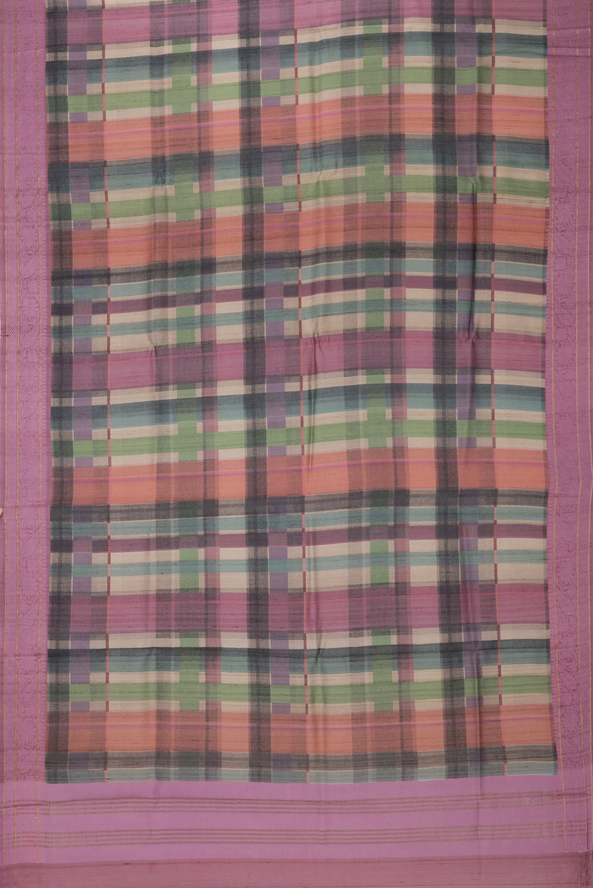 Flat view of Multi Color Tussar Saree with Printed design on the body and Thread Border. 