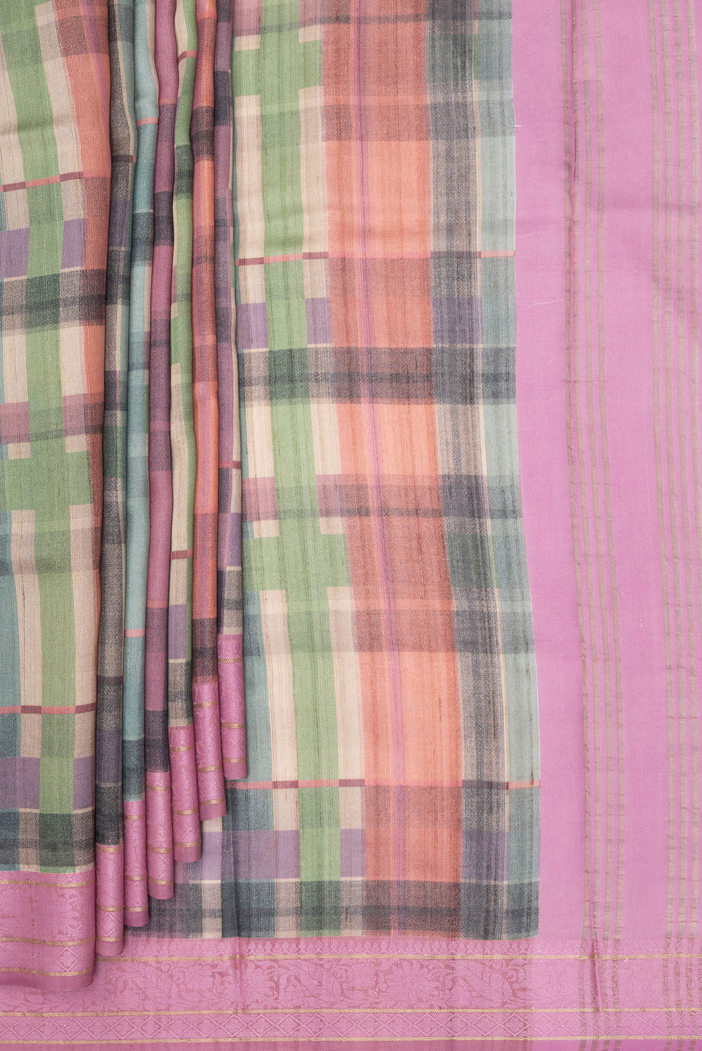 Pleats and pallu of Multi Color Tussar Saree with Printed design on the body and Thread Border. 