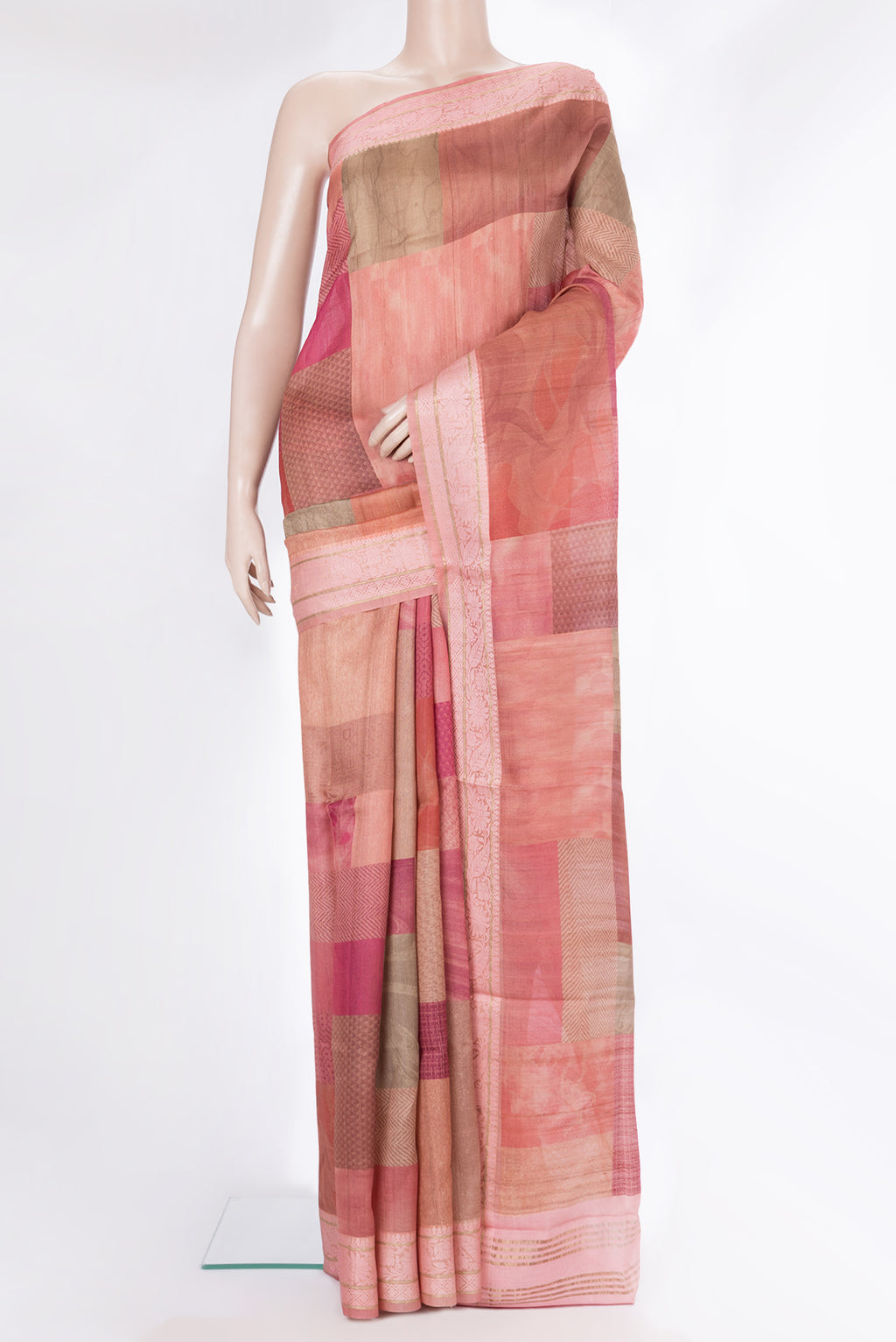 Multi Color Tussar Saree with Printed design on the body and Thread Border.  displayed on a mannequin