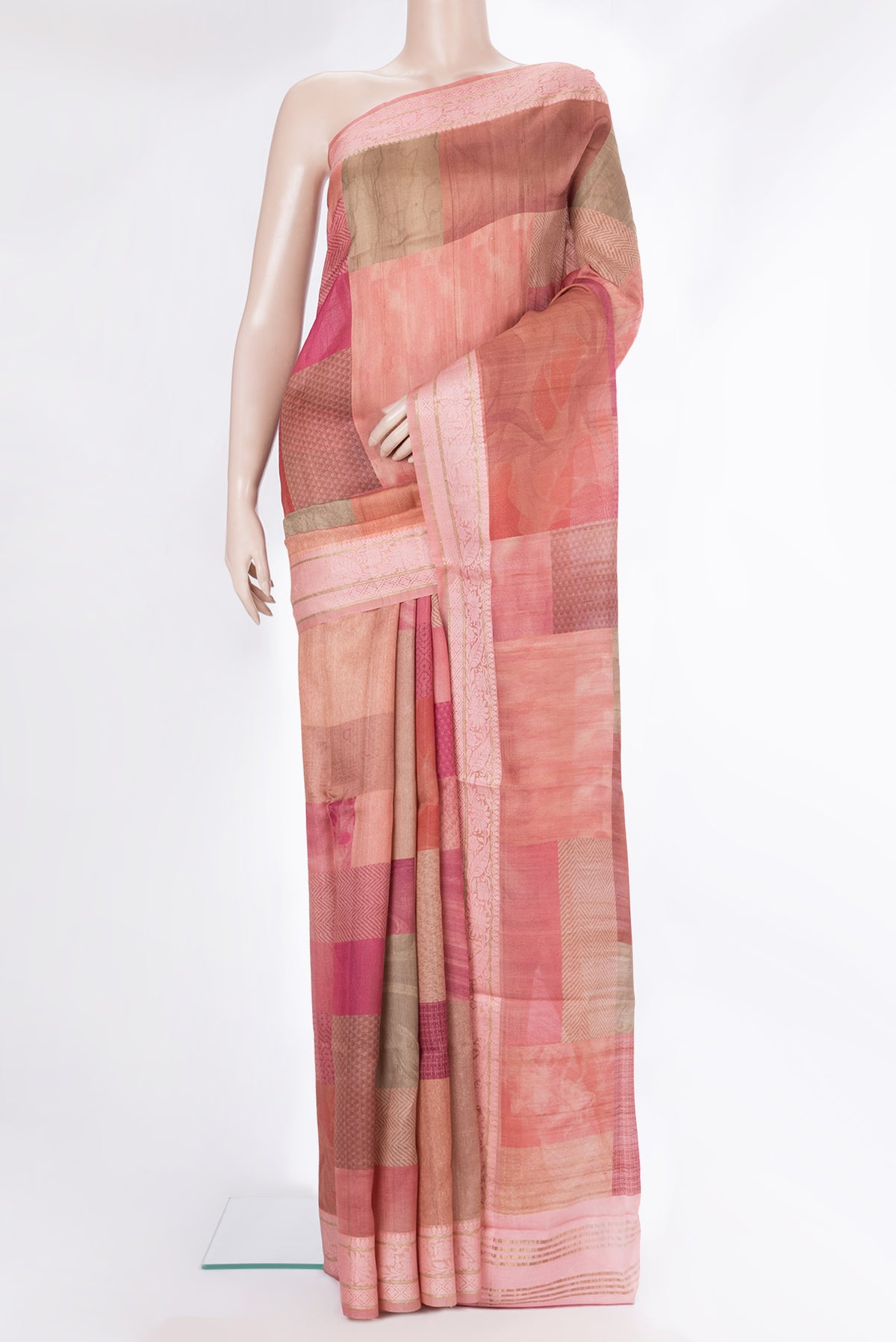 Multi Color Tussar Saree with Printed design on the body and Thread Border.  displayed on a mannequin