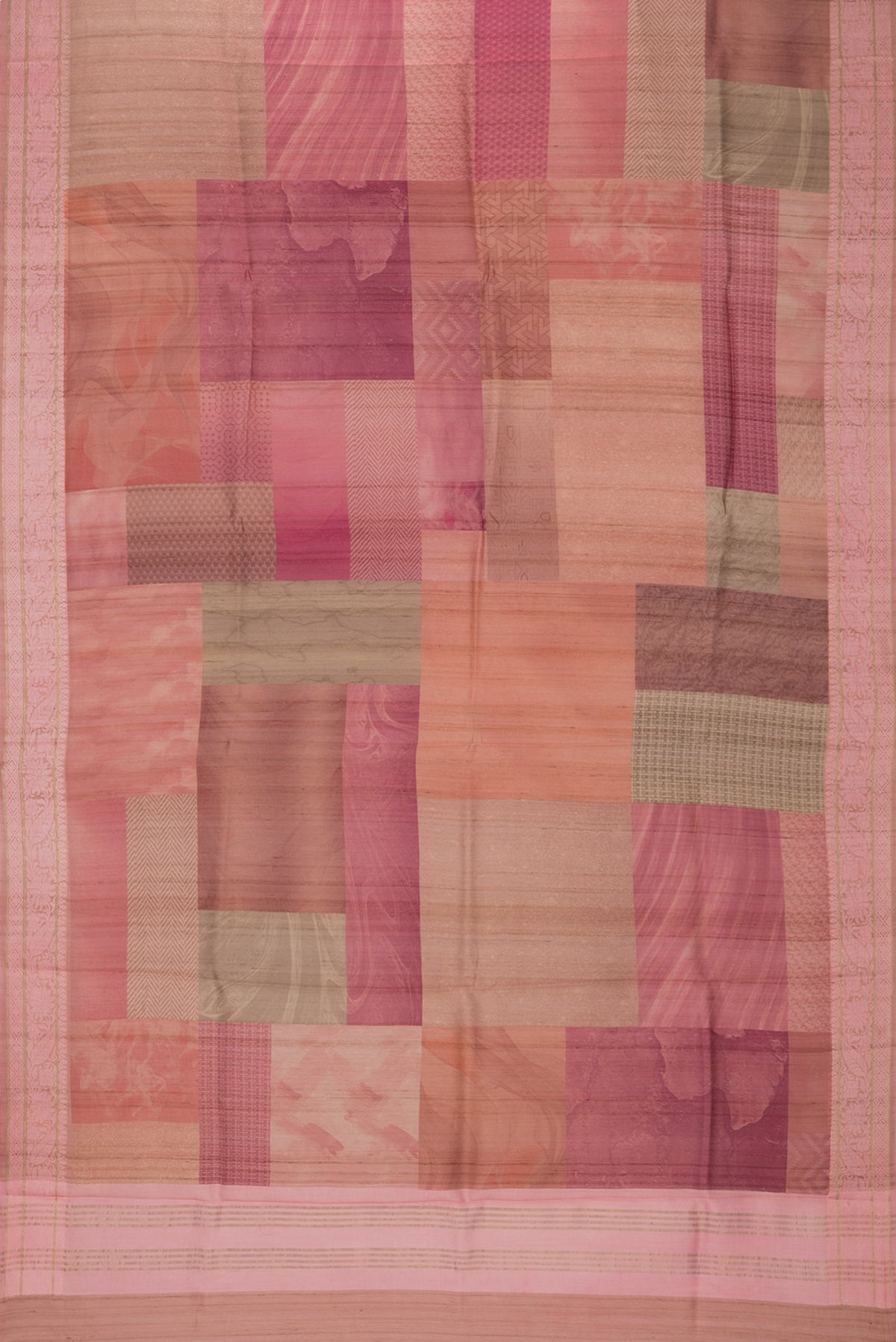Flat view of Multi Color Tussar Saree with Printed design on the body and Thread Border. 