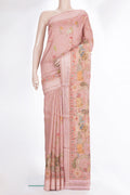 Peach Tussar Saree with Printed design on the body and Thread Border.  displayed on a mannequin