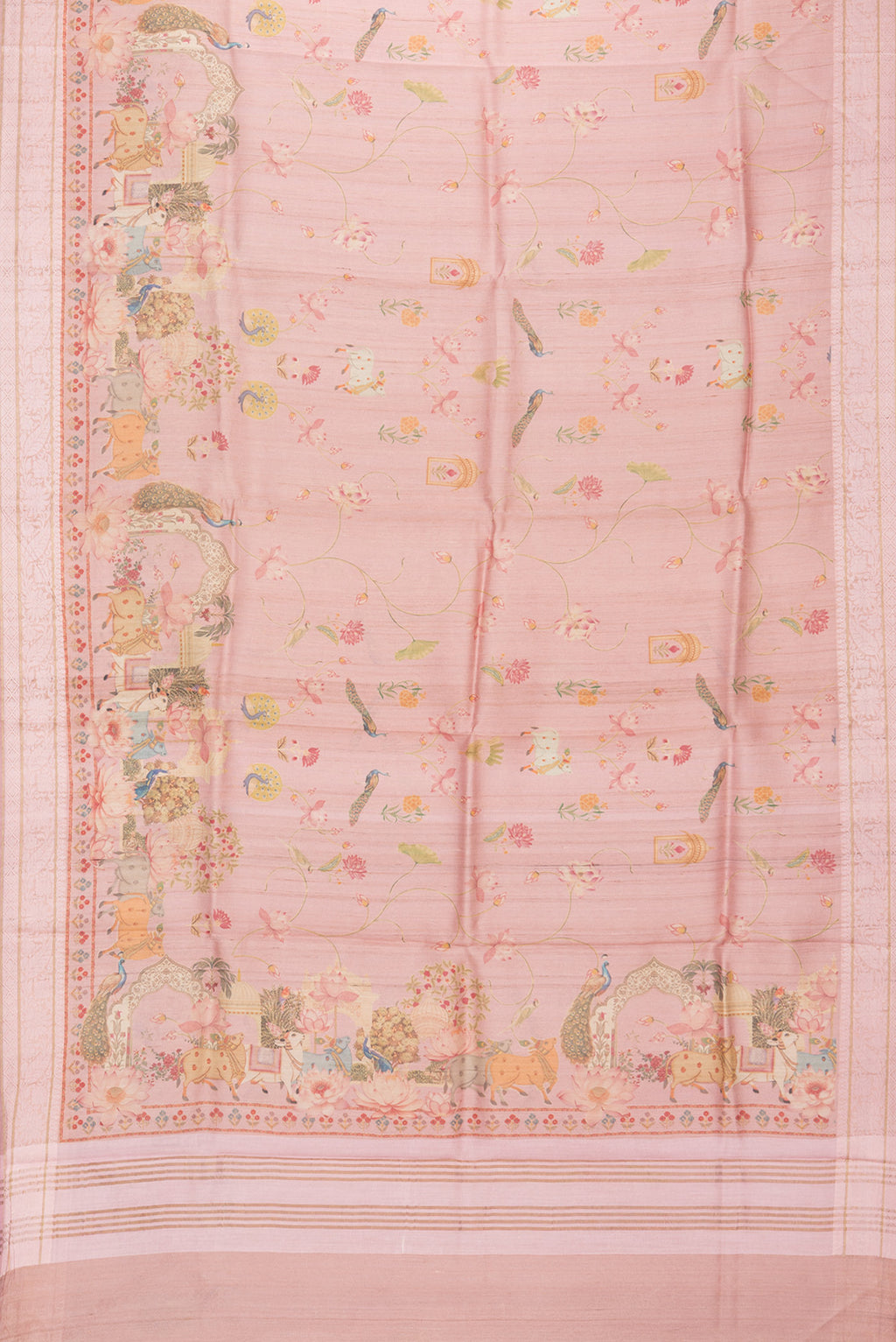 Flat view of Peach Tussar Saree with Printed design on the body and Thread Border. 