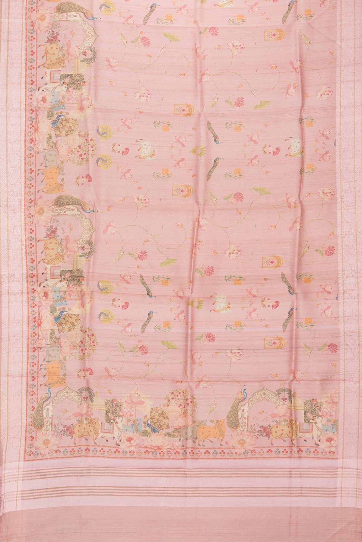 Flat view of Peach Tussar Saree with Printed design on the body and Thread Border. 