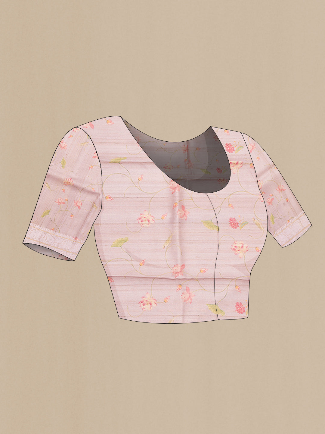 Close up image of the blouse of Rose Gold Tussar Saree with Printed design on the body and Thread Border. 
