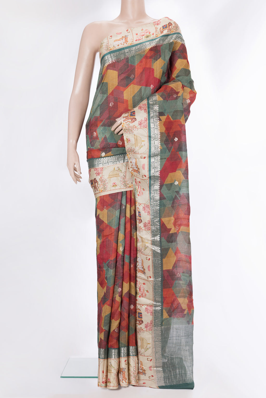 Multi Color Tussar Saree with Printed design on the body and Fancy Border.  displayed on a mannequin