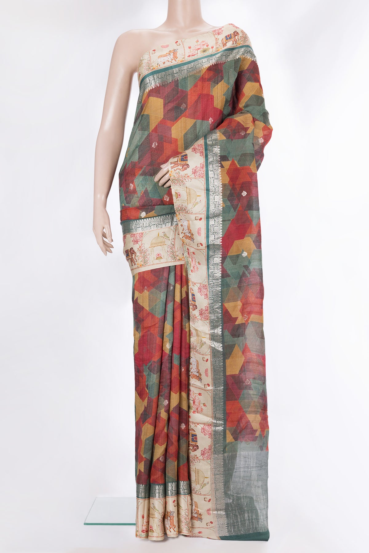 Multi Color Tussar Saree with Printed design on the body and Fancy Border.  displayed on a mannequin