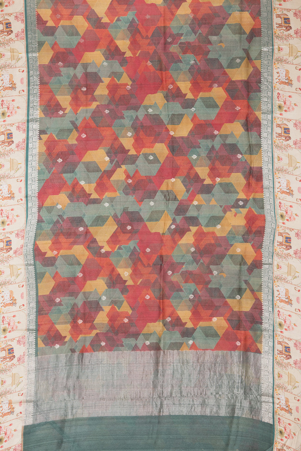 Flat view of Multi Color Tussar Saree with Printed design on the body and Fancy Border. 