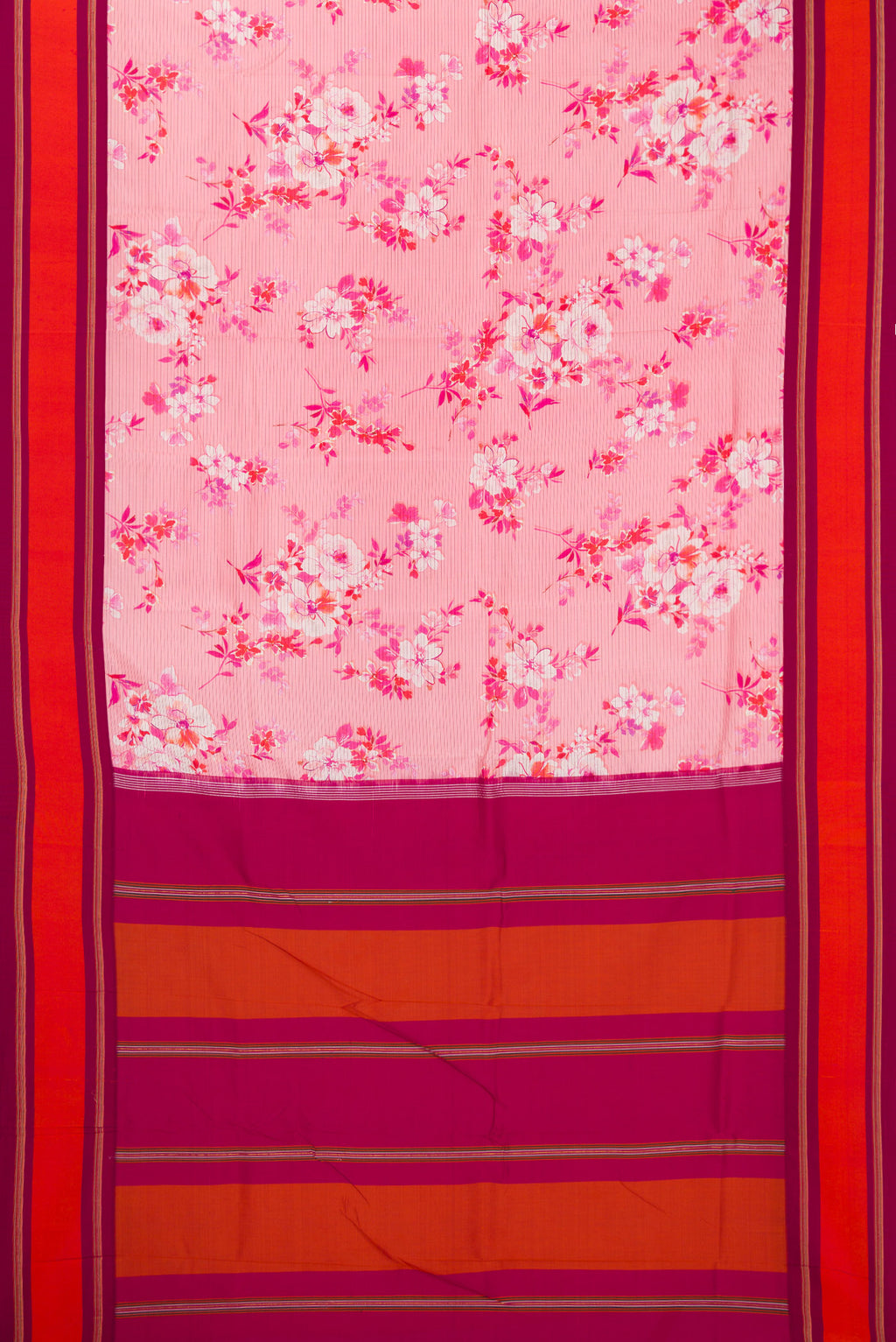 Flat view of Pink Kanchipuram Silk Saree with Printed design on the body and Plain Border. 