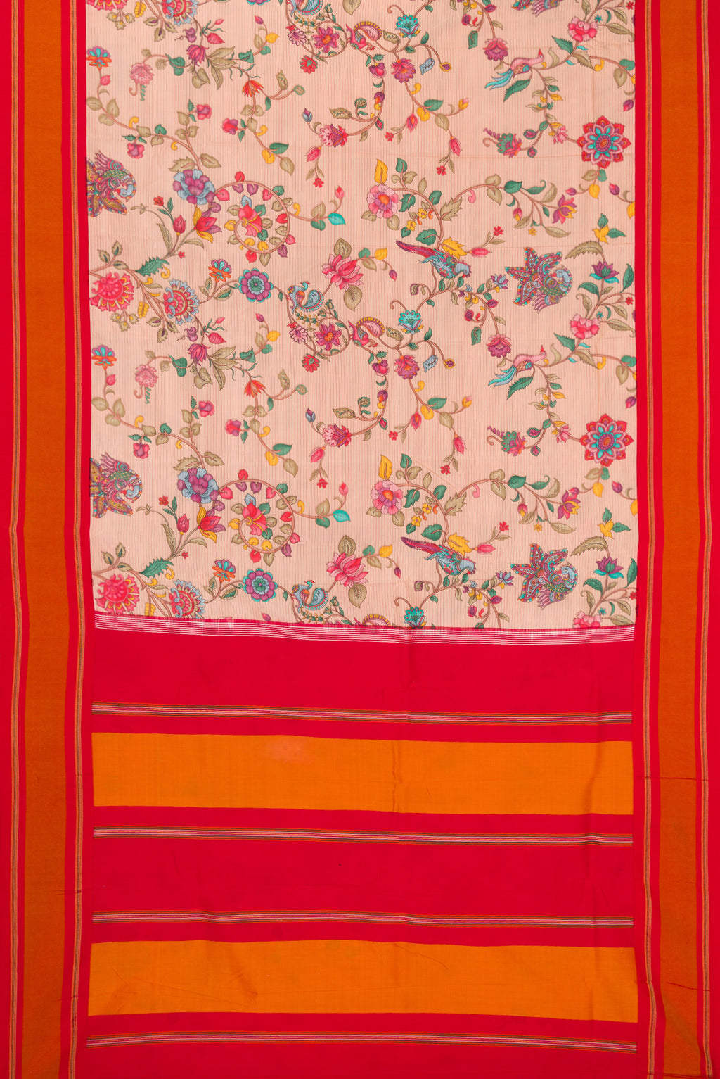 Flat view of Peach Kanchipuram Silk Saree with Printed design on the body and Plain Border. 