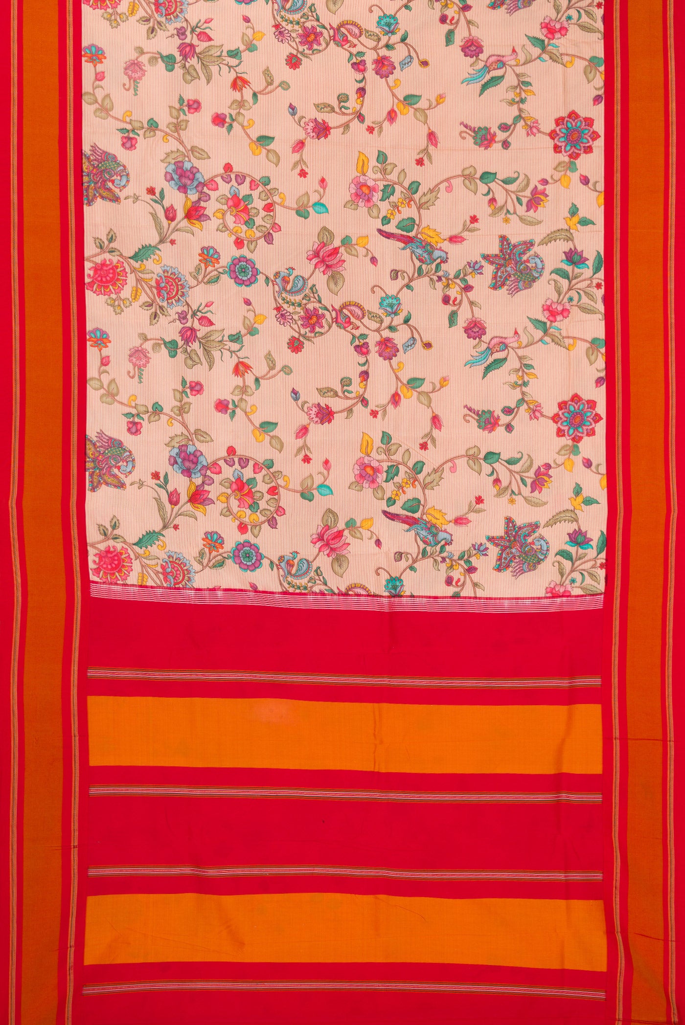 Flat view of Peach Kanchipuram Silk Saree with Printed design on the body and Plain Border. 