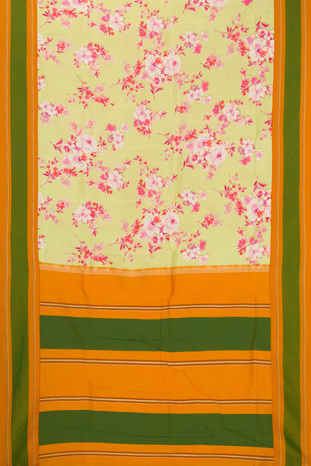 Flat view of Pista Green Kanchipuram Silk Saree with Printed design on the body and Plain Border. 