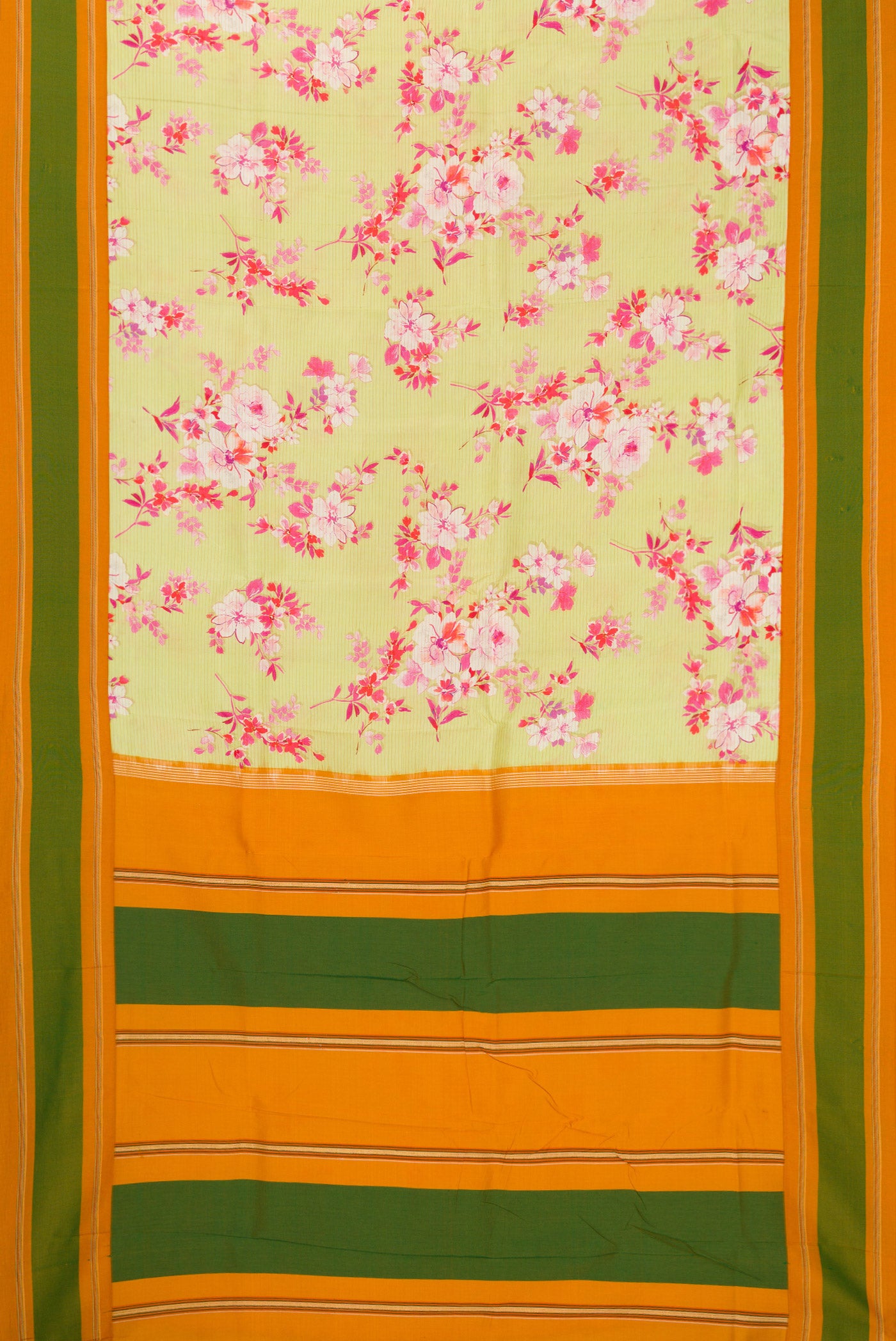 Flat view of Pista Green Kanchipuram Silk Saree with Printed design on the body and Plain Border. 