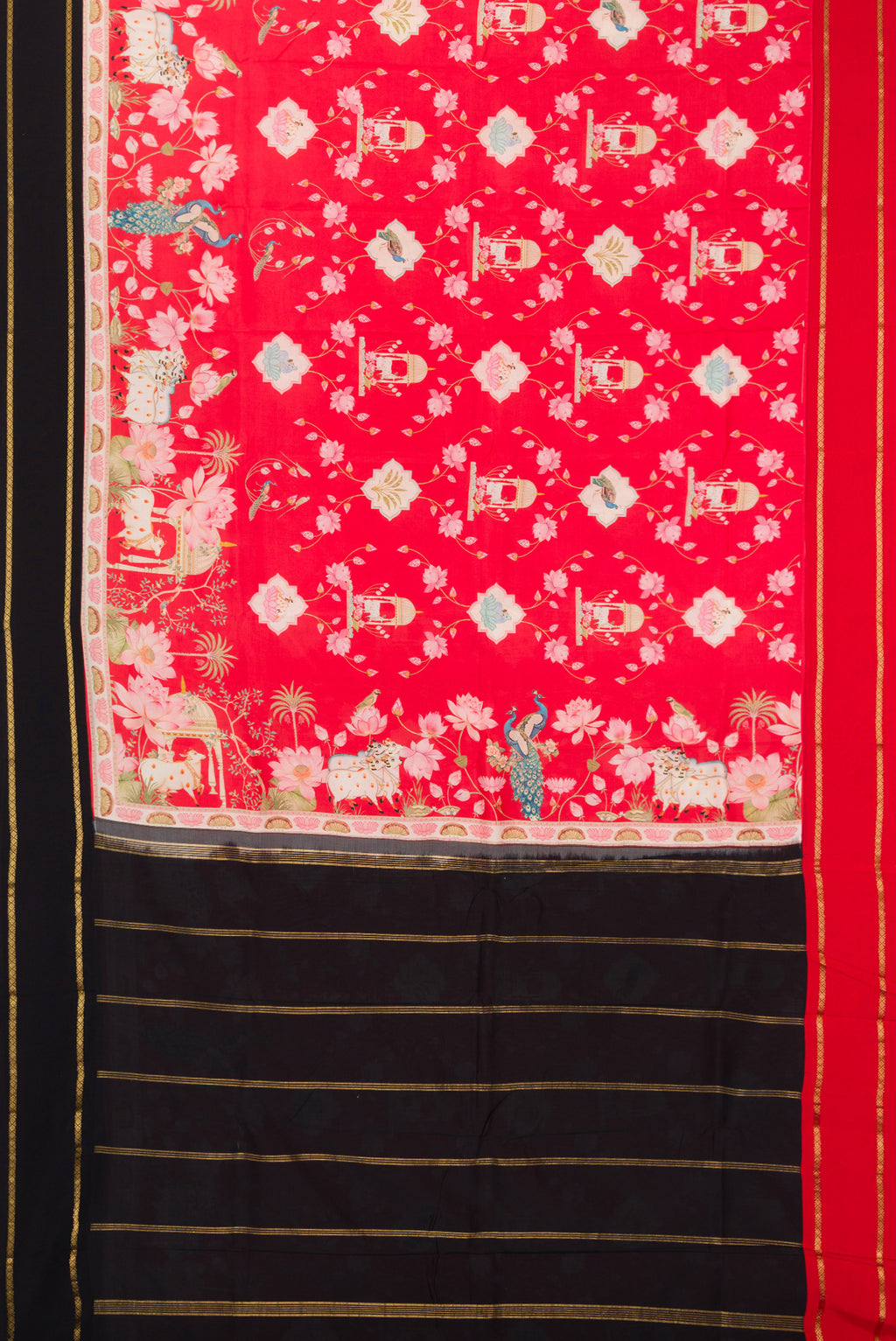 Flat view of Red Kanchipuram Silk Saree with Printed design on the body and Plain Border. 
