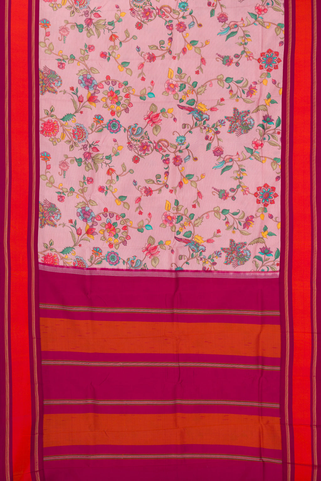 Flat view of Pink Kanchipuram Silk Saree with Printed design on the body and Plain Border. 
