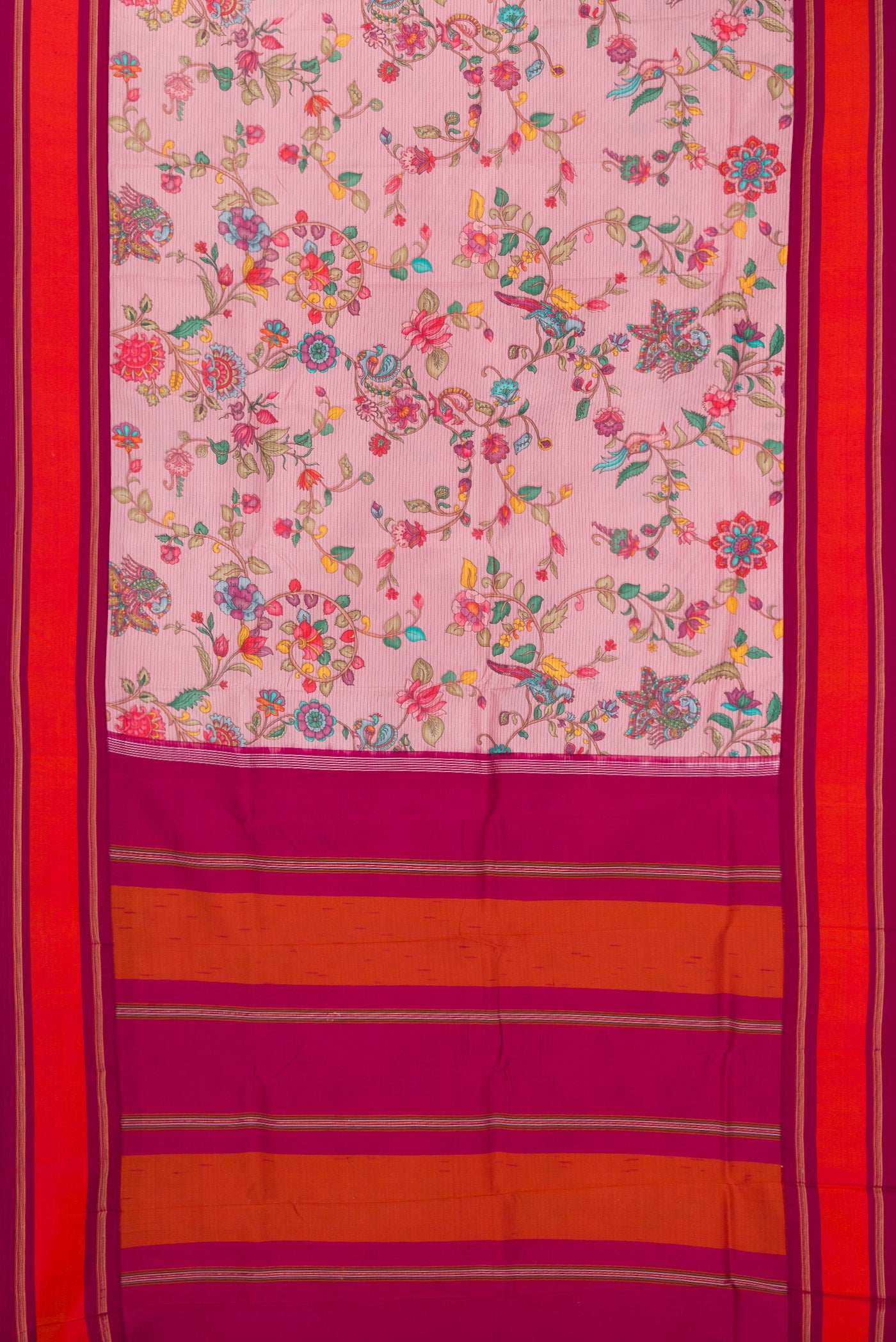 Flat view of Pink Kanchipuram Silk Saree with Printed design on the body and Plain Border. 