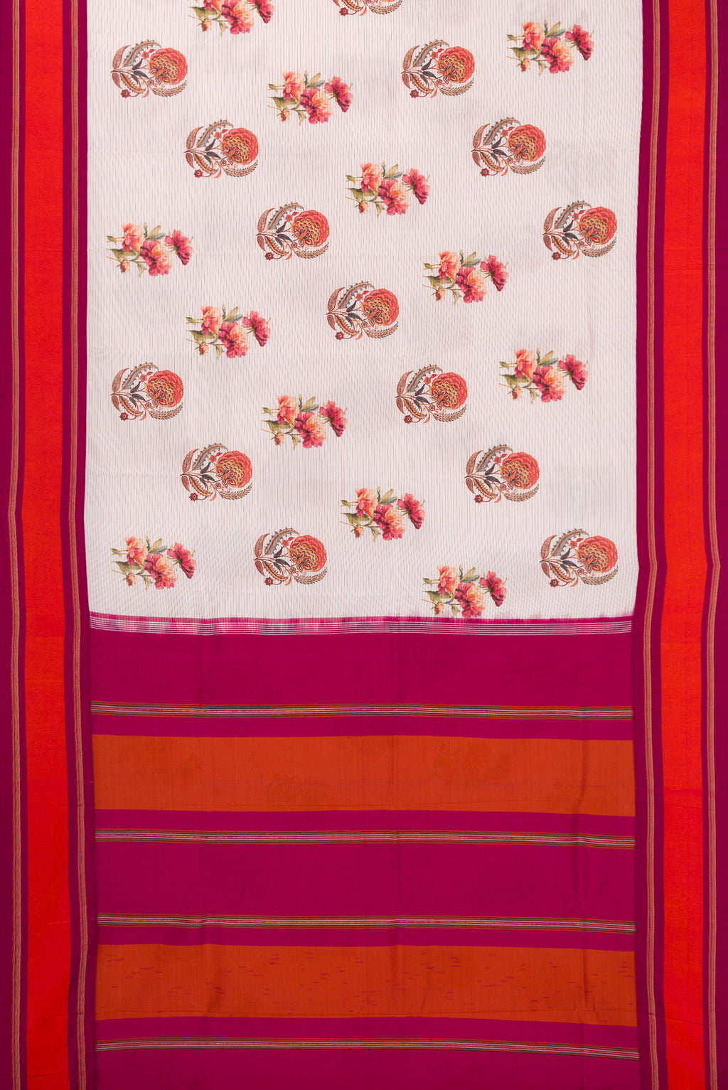 Flat view of Off White Kanchipuram Silk Saree with Printed design on the body and Plain Border. 