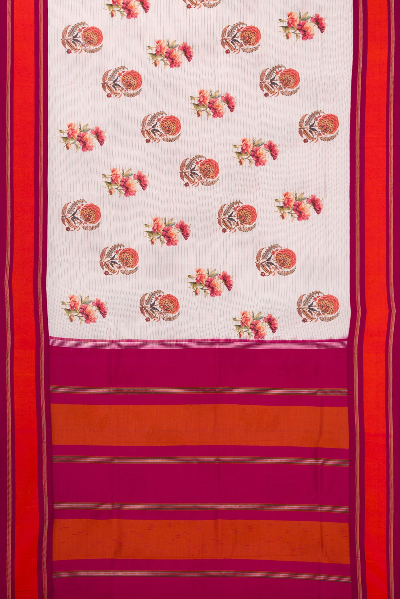 Flat view of Off White Kanchipuram Silk Saree with Printed design on the body and Plain Border. 
