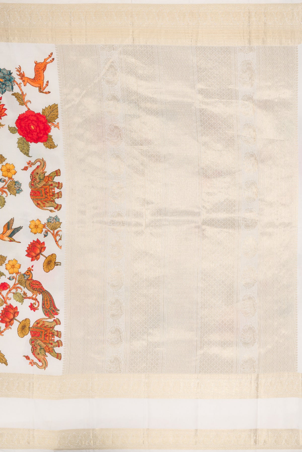 Close up image of the pallu of Pure Silk Off White Kanchipuram Saree with Printed design on the body and Fancy Border. 