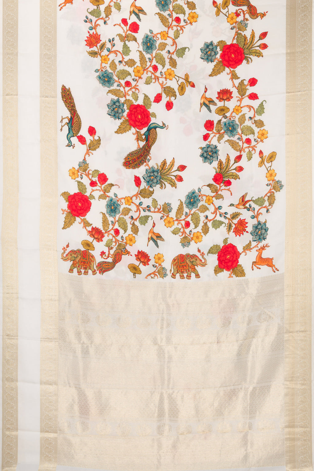 Flat view of Pure Silk Off White Kanchipuram Saree with Printed design on the body and Fancy Border. 