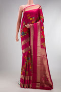 Dark Pink Kanchipuram Silk Saree with Printed design on the body and Zari Border.  displayed on a mannequin