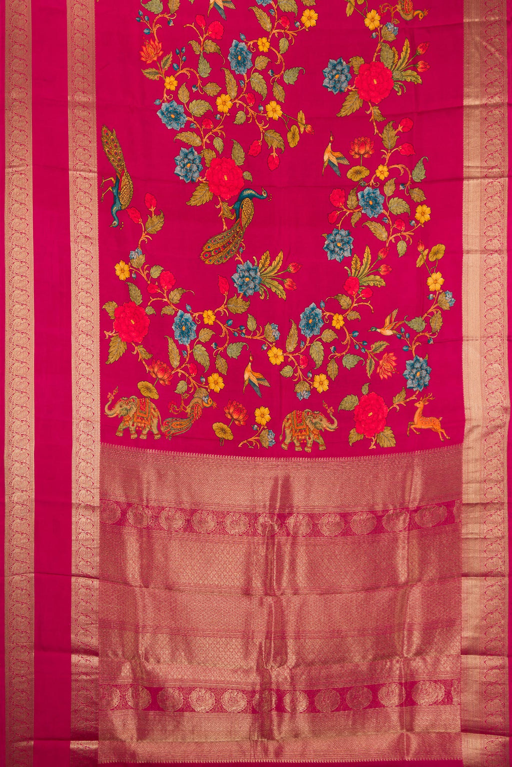 Flat view of Dark Pink Kanchipuram Silk Saree with Printed design on the body and Zari Border. 