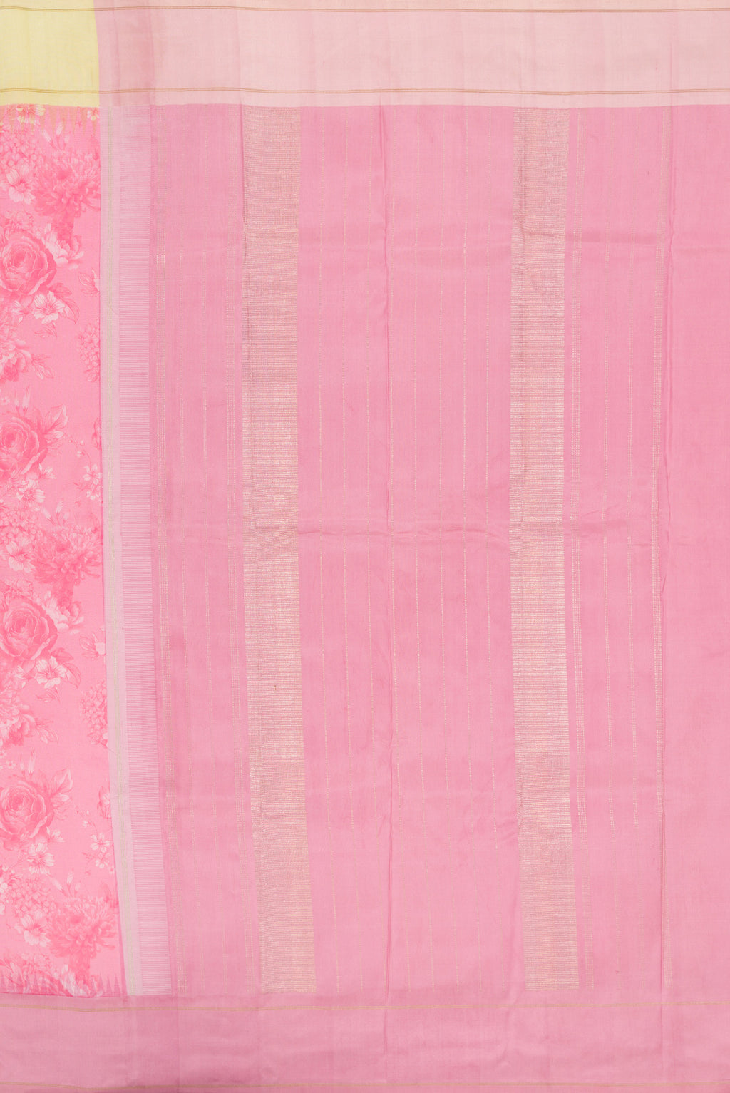 Close up image of the pallu of Pink Kanchipuram Silk Saree with Printed design on the body and Plain Border. 