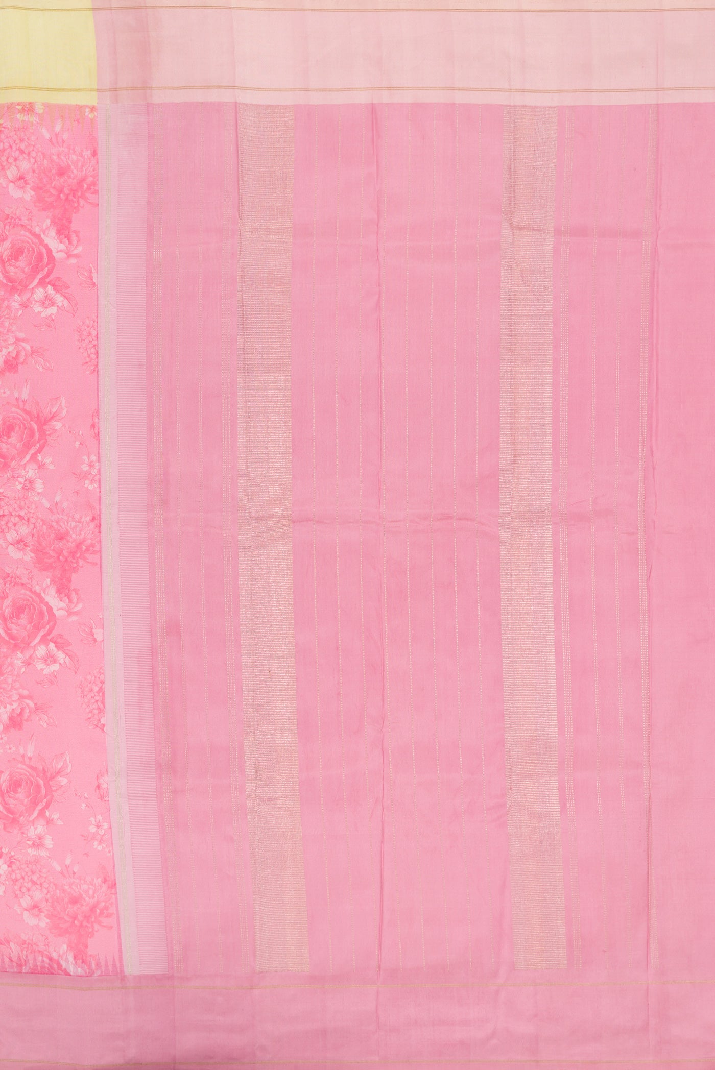Close up image of the pallu of Pink Kanchipuram Silk Saree with Printed design on the body and Plain Border. 