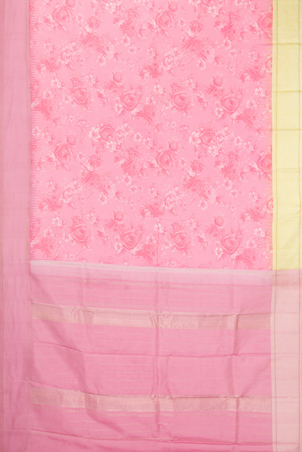 Flat view of Pink Kanchipuram Silk Saree with Printed design on the body and Plain Border. 