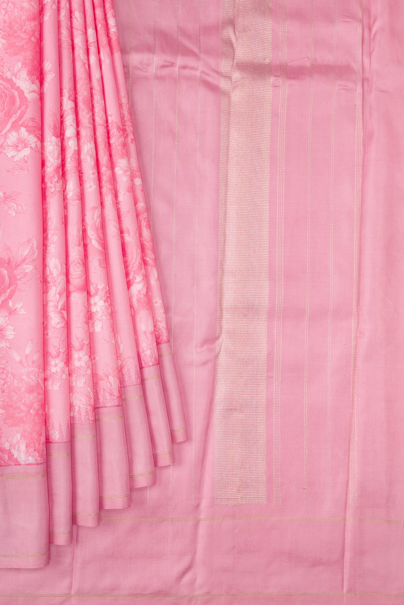 Pleats and pallu of Pink Kanchipuram Silk Saree with Printed design on the body and Plain Border. 