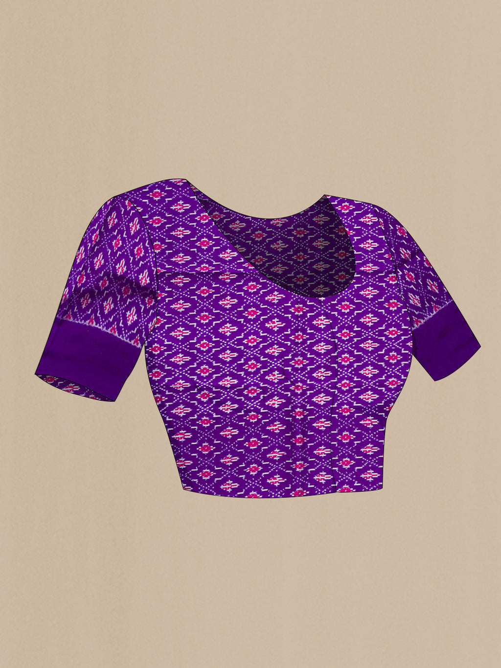 Close up image of the blouse of Purple Kanchipuram Silk Saree with Printed design on the body and Ikat Border. 