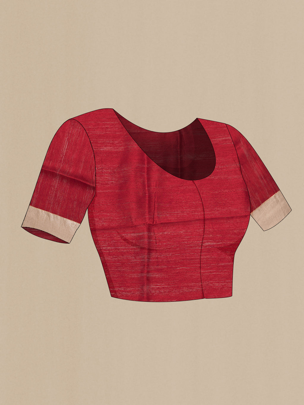 Close up image of the blouse of Red Tussar Saree with Bandhani Print on the body and Zari Border. 
